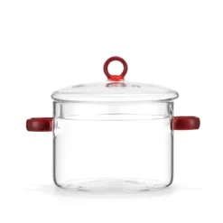 Pentola 1,5 L vetro borosilicato con coperchio manici rossi