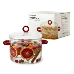 Pentola 1,5 L vetro borosilicato con coperchio manici rossi