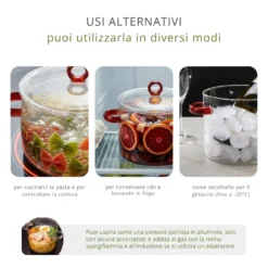 Pentola 1,5 L vetro borosilicato con coperchio manici rossi