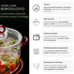 Pentola 1,5 L vetro borosilicato con coperchio manici rossi