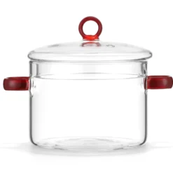 Pentola 2,5 L vetro borosilicato con coperchio manici rossi