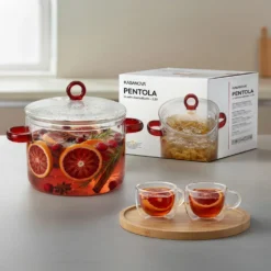 Pentola 2,5 L vetro borosilicato con coperchio manici rossi