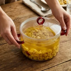 Pentola 2,5 L vetro borosilicato con coperchio manici rossi