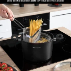 Pentola pasta 22 cm nera con 2 cestelli e coperchio