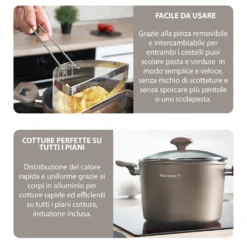 Pentola pasta 22 cm tortora con 2 cestelli e coperchio