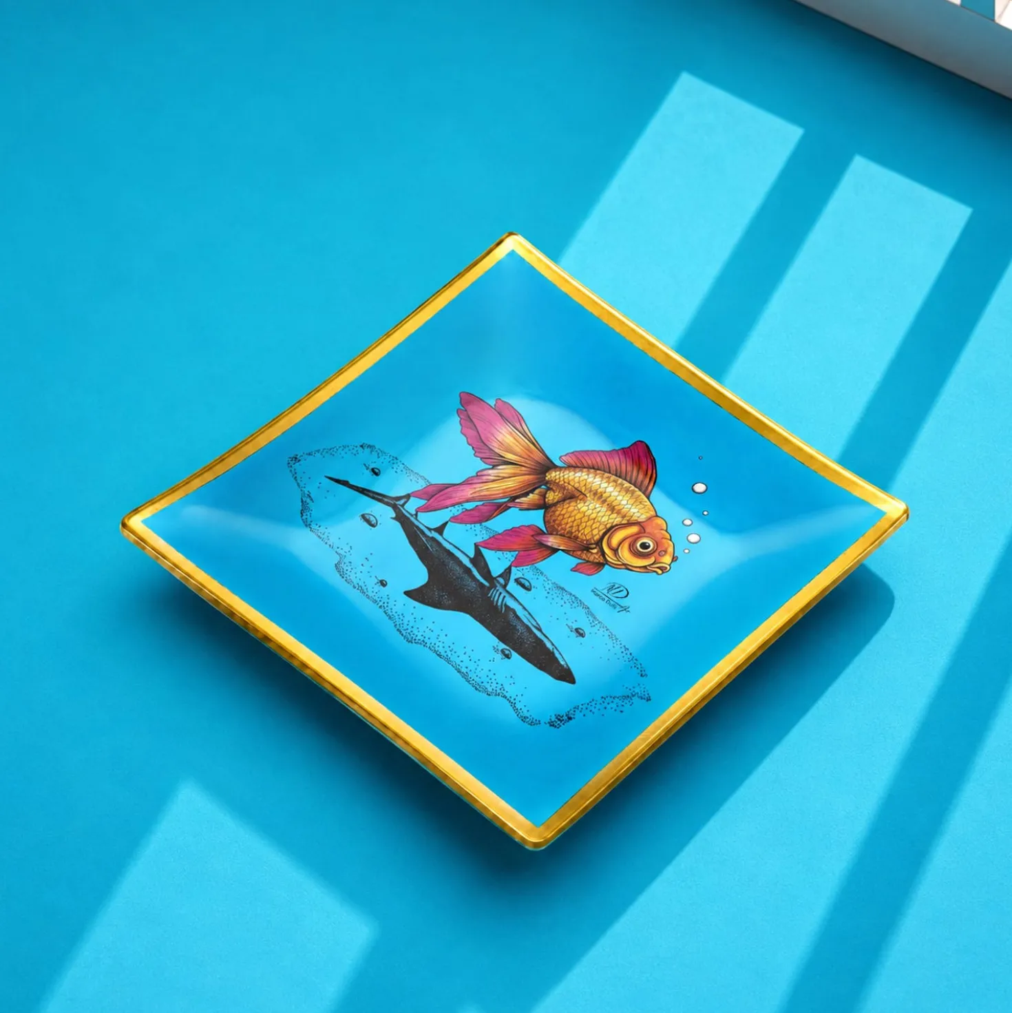 Piattino decorativo vetro 20x20 cm Pesce azzurro