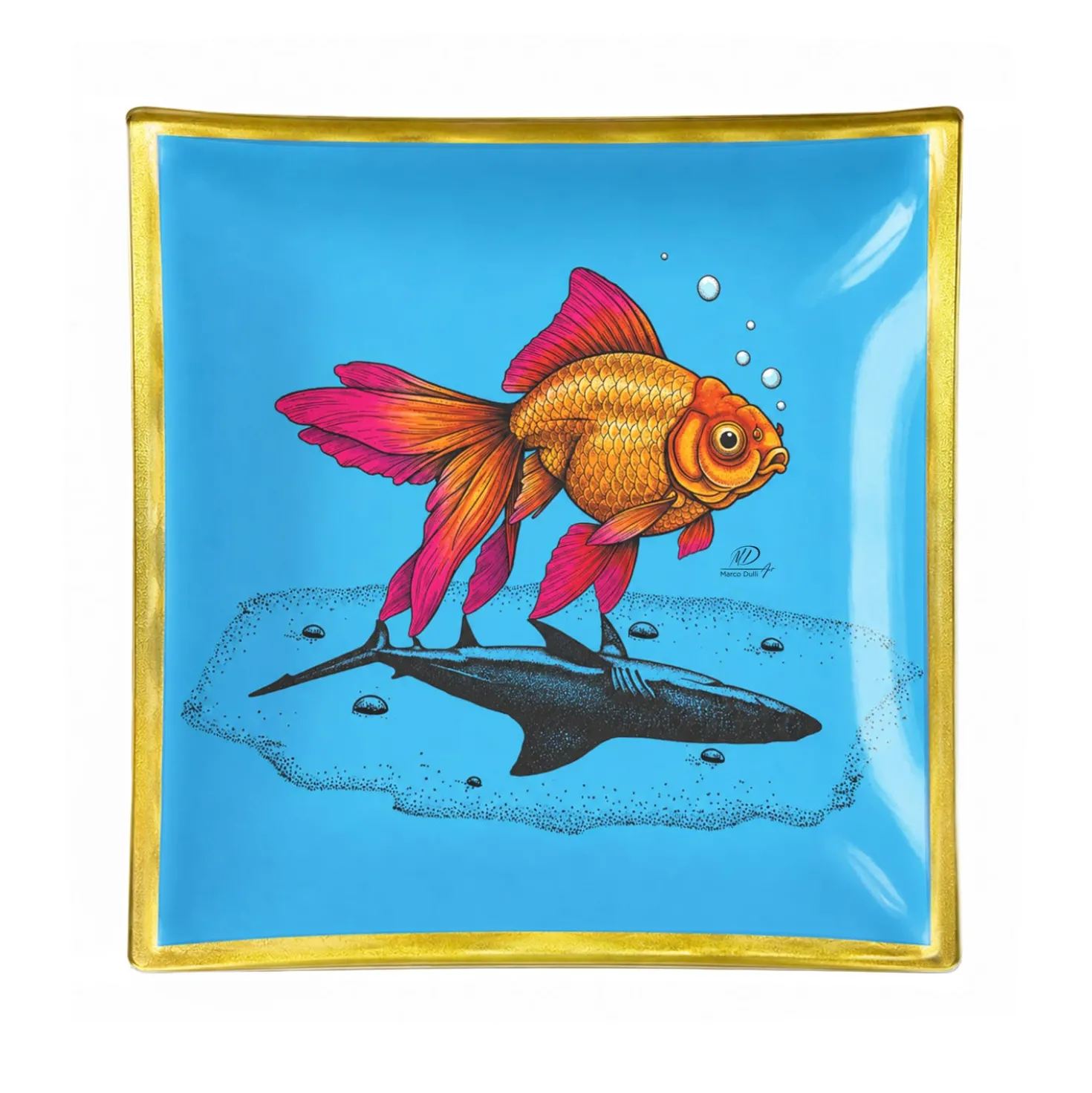 Piattino decorativo vetro 20x20 cm Pesce azzurro