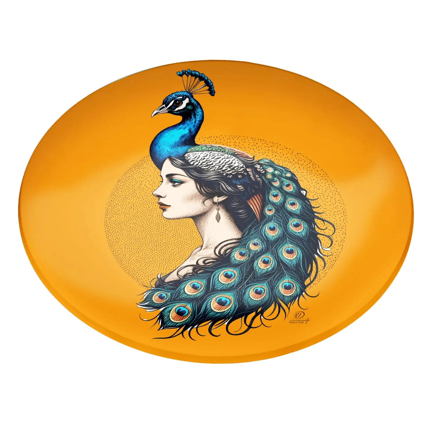 Piatto decorativo vetro 30 cm Donna pavone arancione
