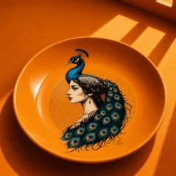 Piatto decorativo vetro 30 cm Donna pavone arancione