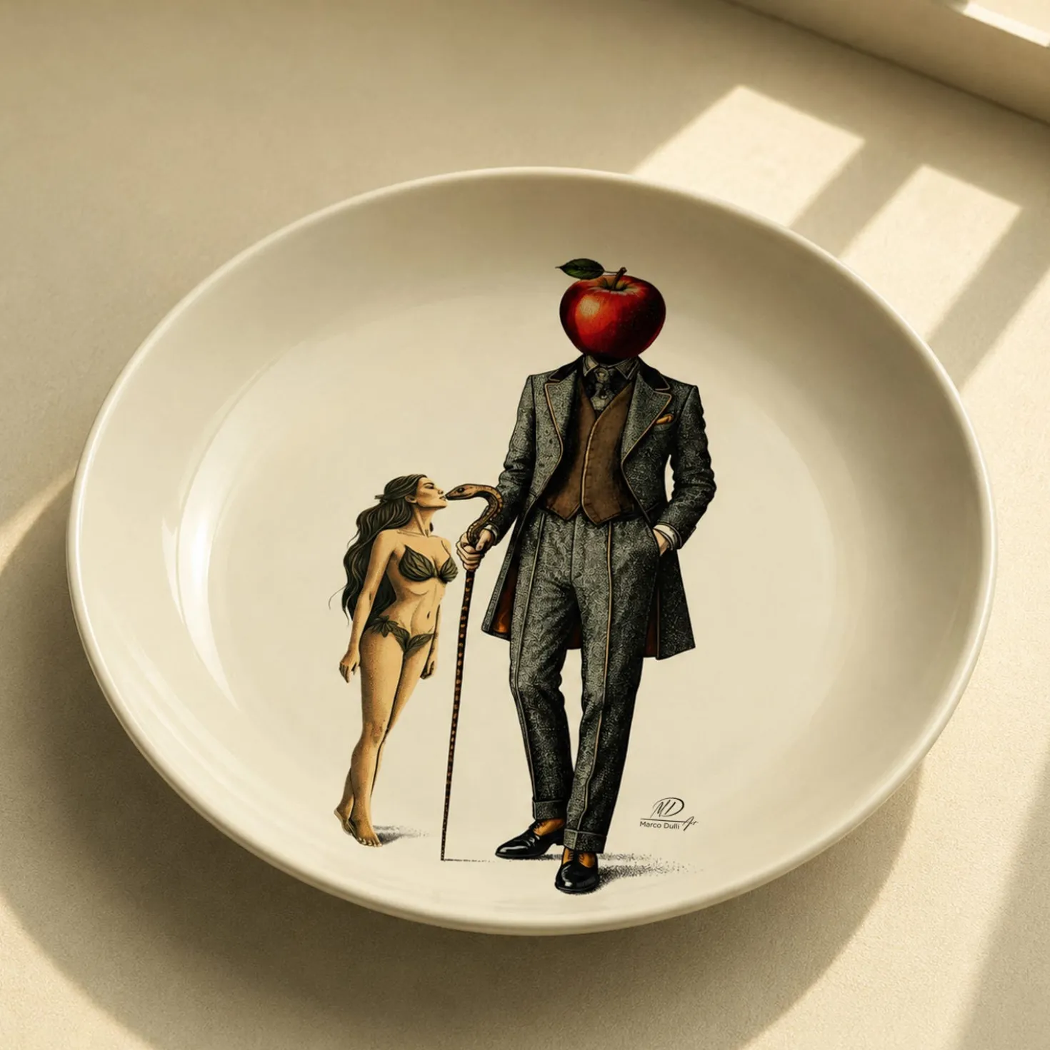 Piatto decorativo vetro 30 cm Uomo mela avorio