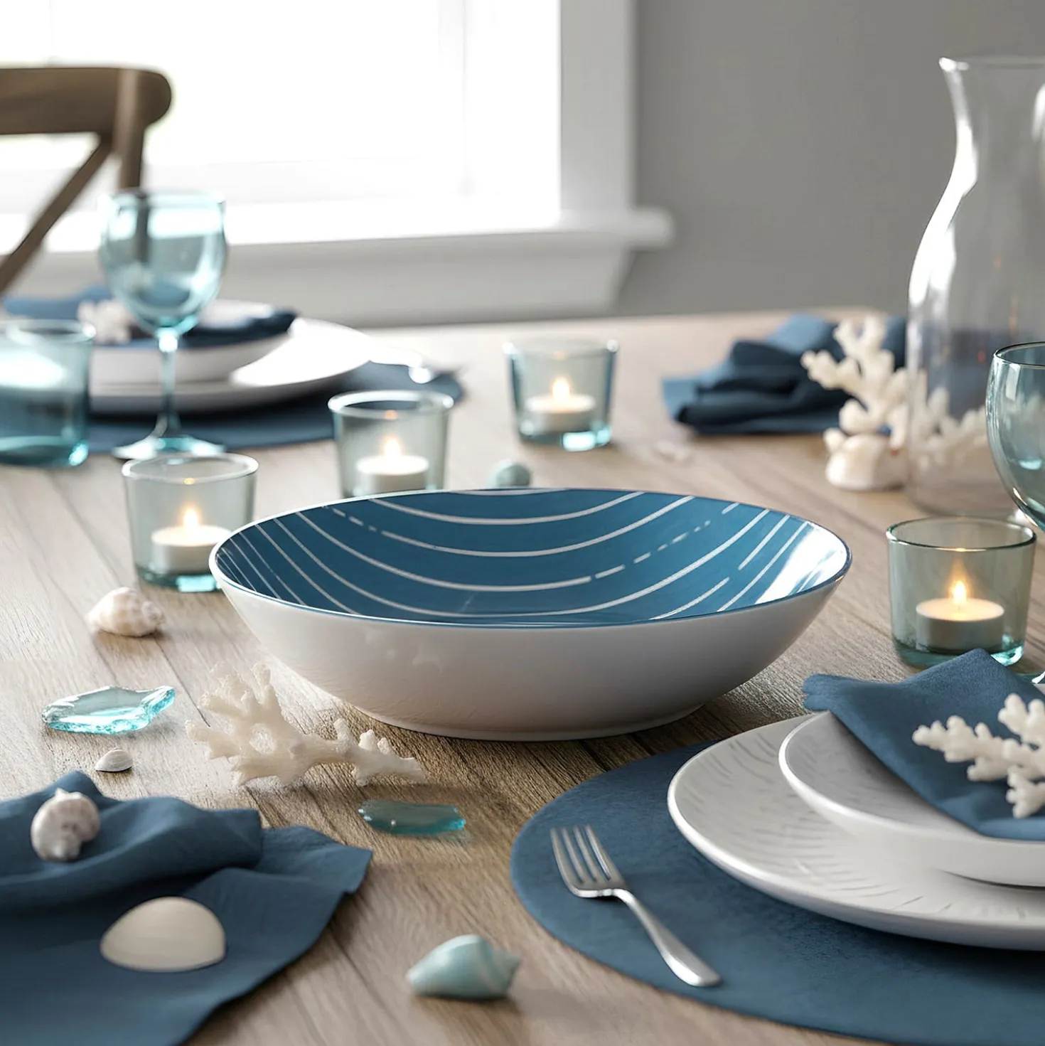 Piatto fondo blu righe bianche porcellana Mix e Match