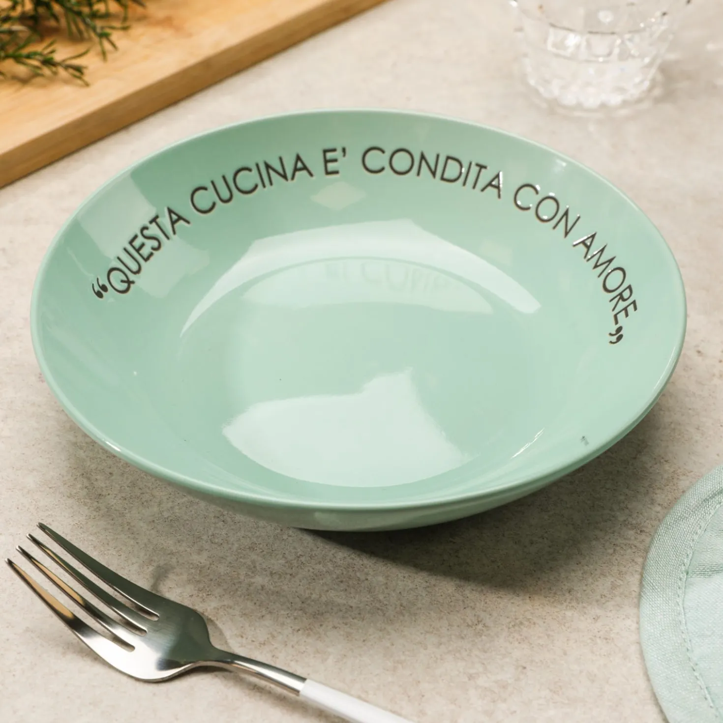 Piatto fondo salvia con scritta 20 cm in stoneware