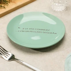 Piatto frutta salvia con scritta 19,5 cm in stoneware