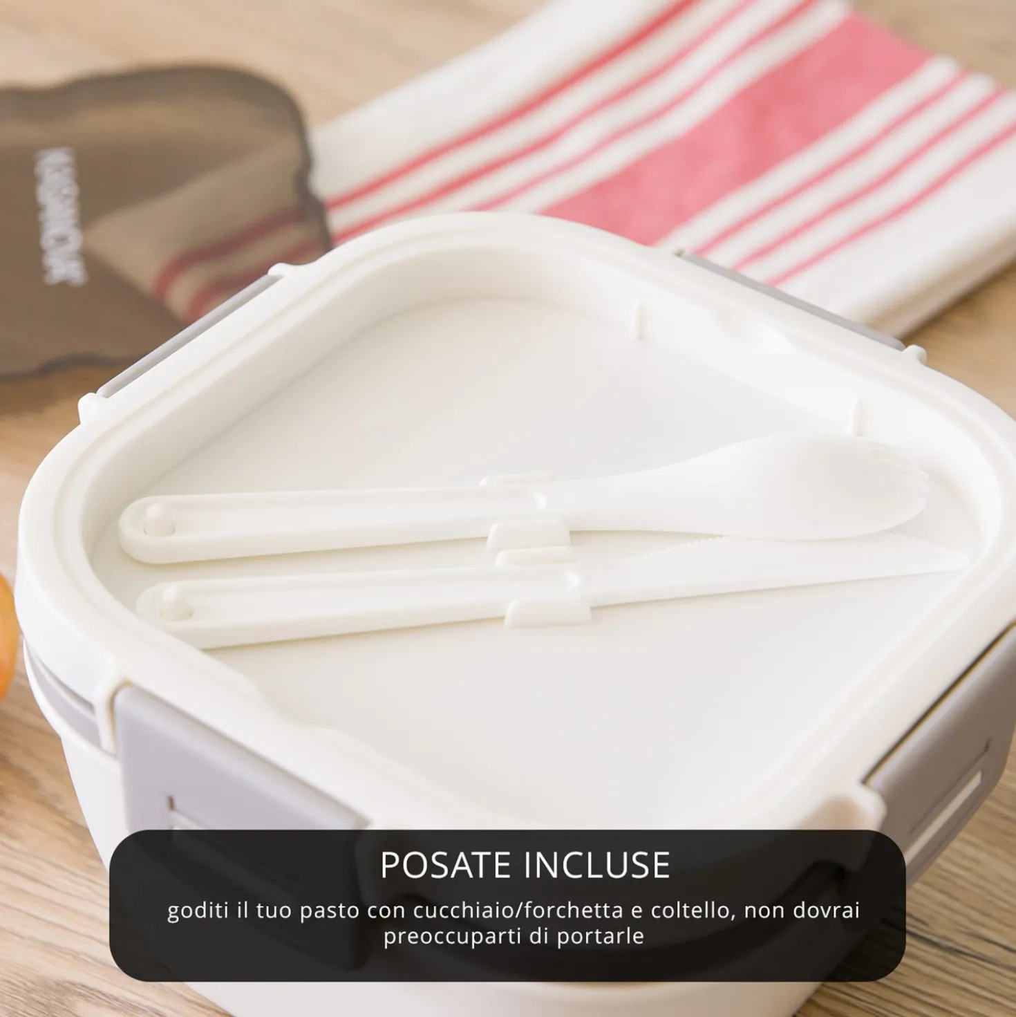 Porta pranzo quadrato 2 scomparti e posate Clicks bianco