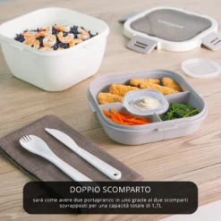Porta pranzo quadrato 2 scomparti e posate Clicks bianco