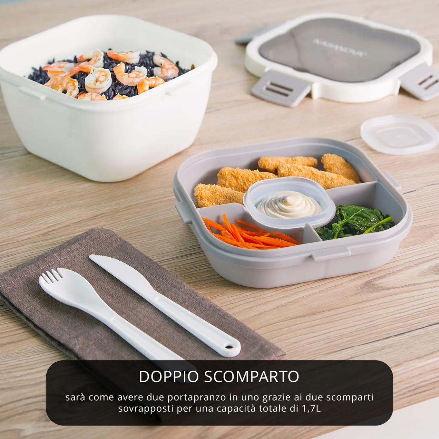 Porta pranzo quadrato 2 scomparti e posate Clicks bianco