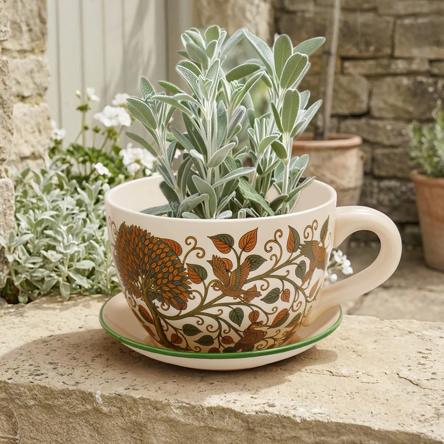Portavaso tazza foglie in ceramica 29,5x22,5x14,8 cm