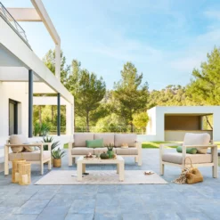 Salottino giardino divano 3 posti, poltrone e tavolino Evasion beige