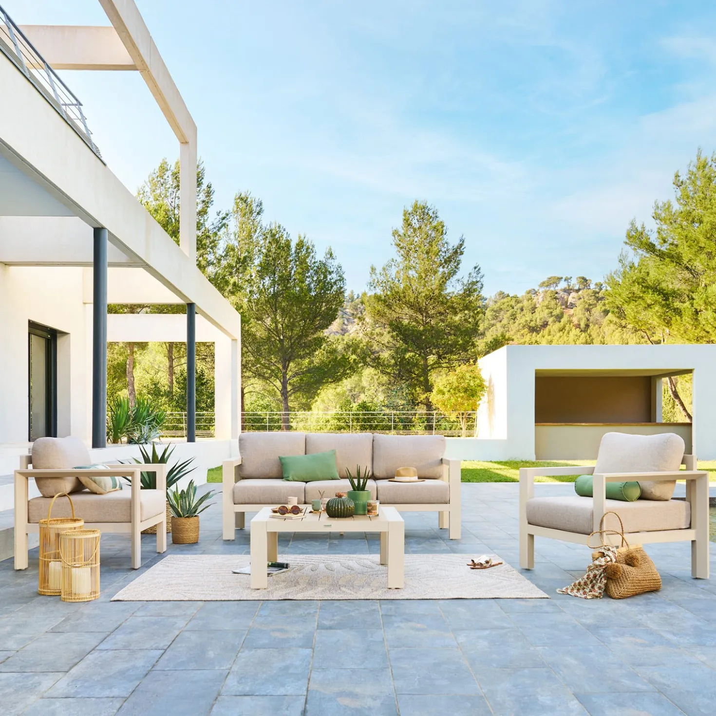 Salottino giardino divano 3 posti, poltrone e tavolino Evasion beige