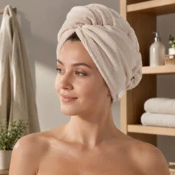 Set 2 asciugamani capelli turbante in microfibra beige