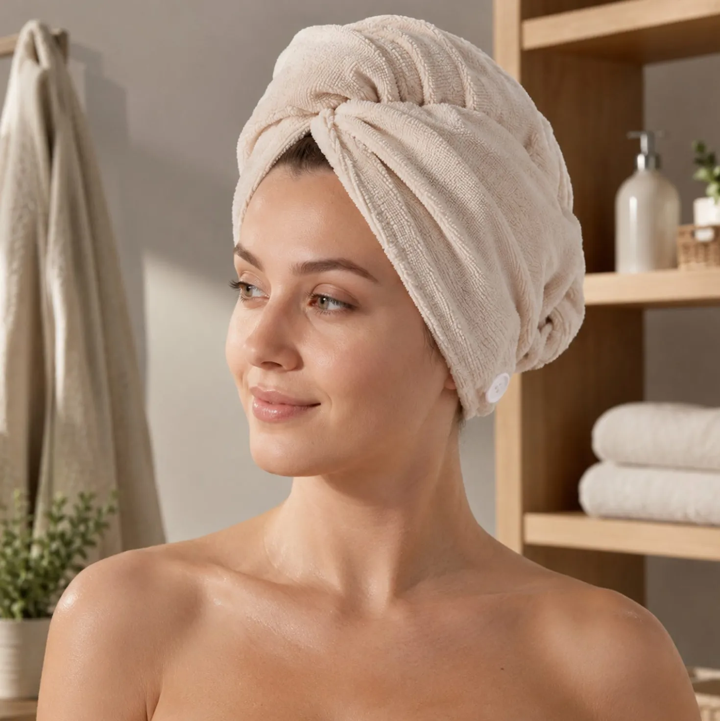 Set 2 asciugamani capelli turbante in microfibra beige