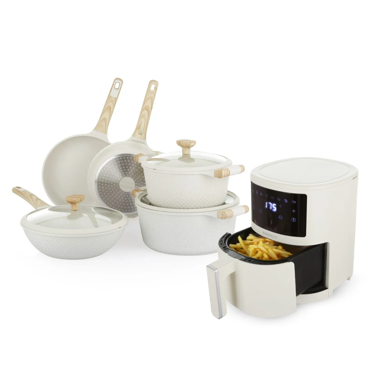 Set Batteria 8 pezzi Bambù e Friggitrice ad aria digitale 3,5 L