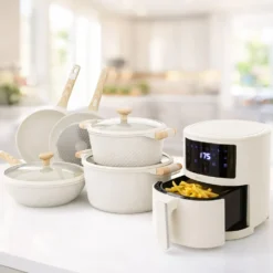 Set Batteria 8 pezzi Bambù e Friggitrice ad aria digitale 3,5 L