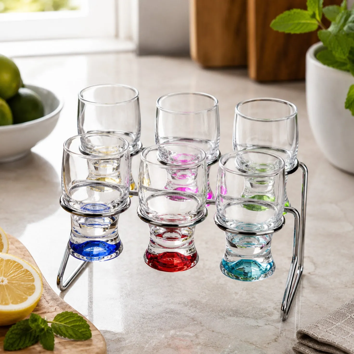 Set 6 bicchierini liquore vetro colorati stand