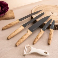 Set 5 coltelli e pelaverdure con manico effetto legno