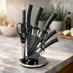 Set 5 coltelli neri con forbici, affilacoltelli e stand
