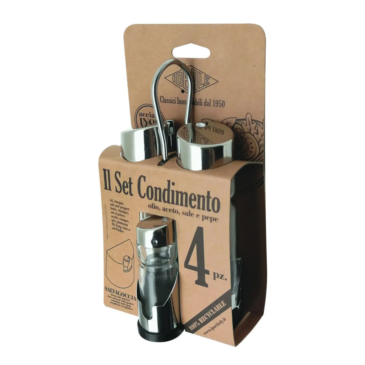 Set condimento in vetro e acciaio