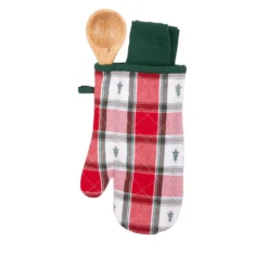 Set guanto, cucchiaio e strofinaccio tartan alberi
