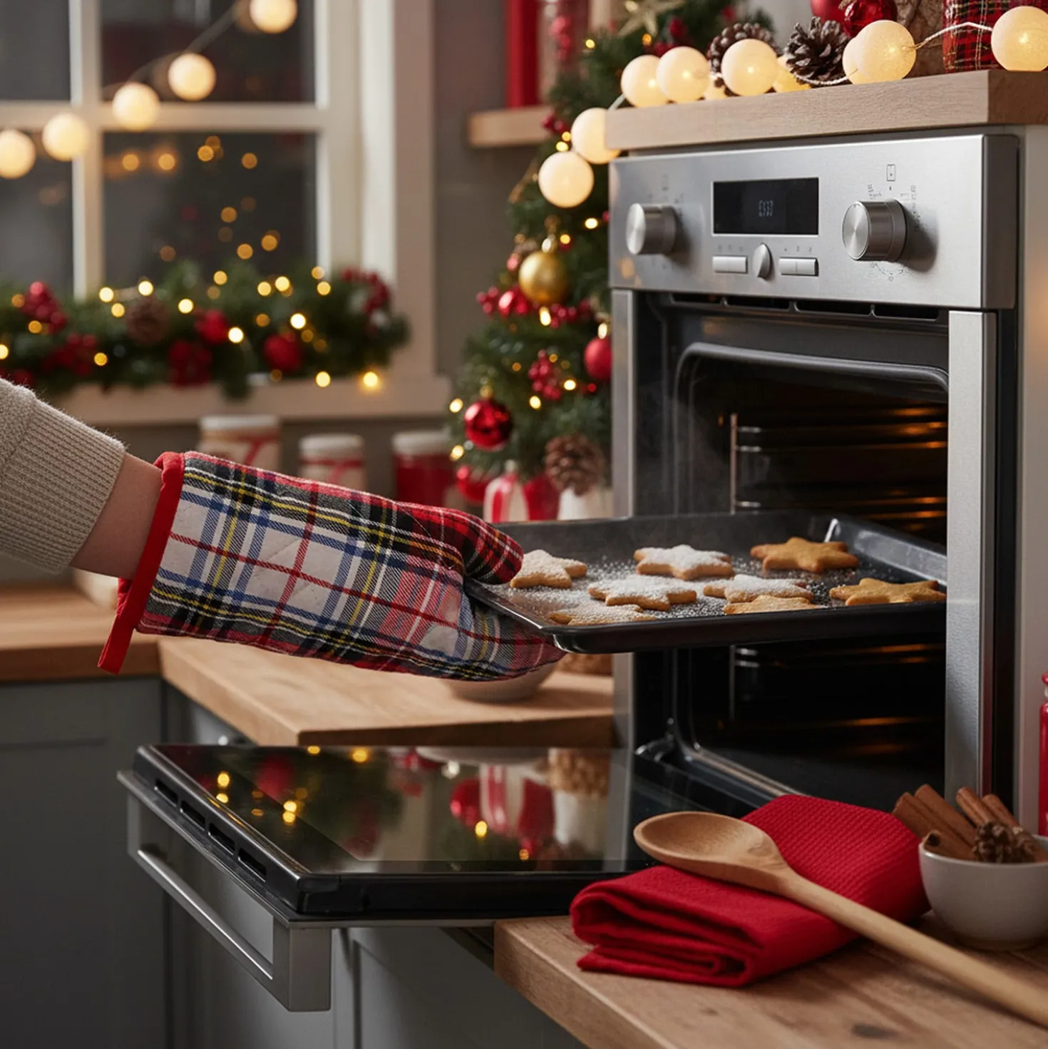 Set guanto, cucchiaio e strofinaccio tartan bianco
