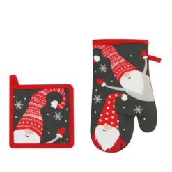 Set guanto e presina gnomi Natale grigio scuro