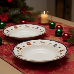 Set 2 piatti fondi natalizi porcellana bordo blu