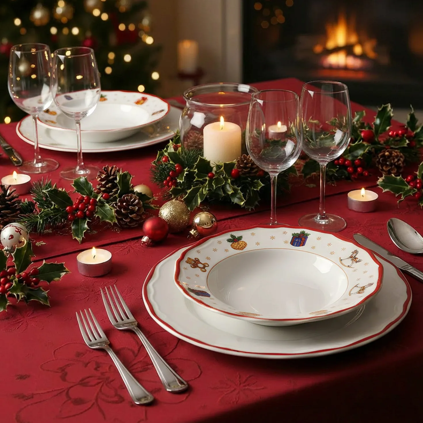 Set 2 piatti fondi regali Natale rosso porcellana