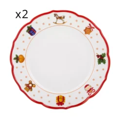 Set 2 piatti piani natalizi porcellana bordo rosso