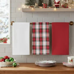 Set 3 strofinacci tartan bianco con cestino