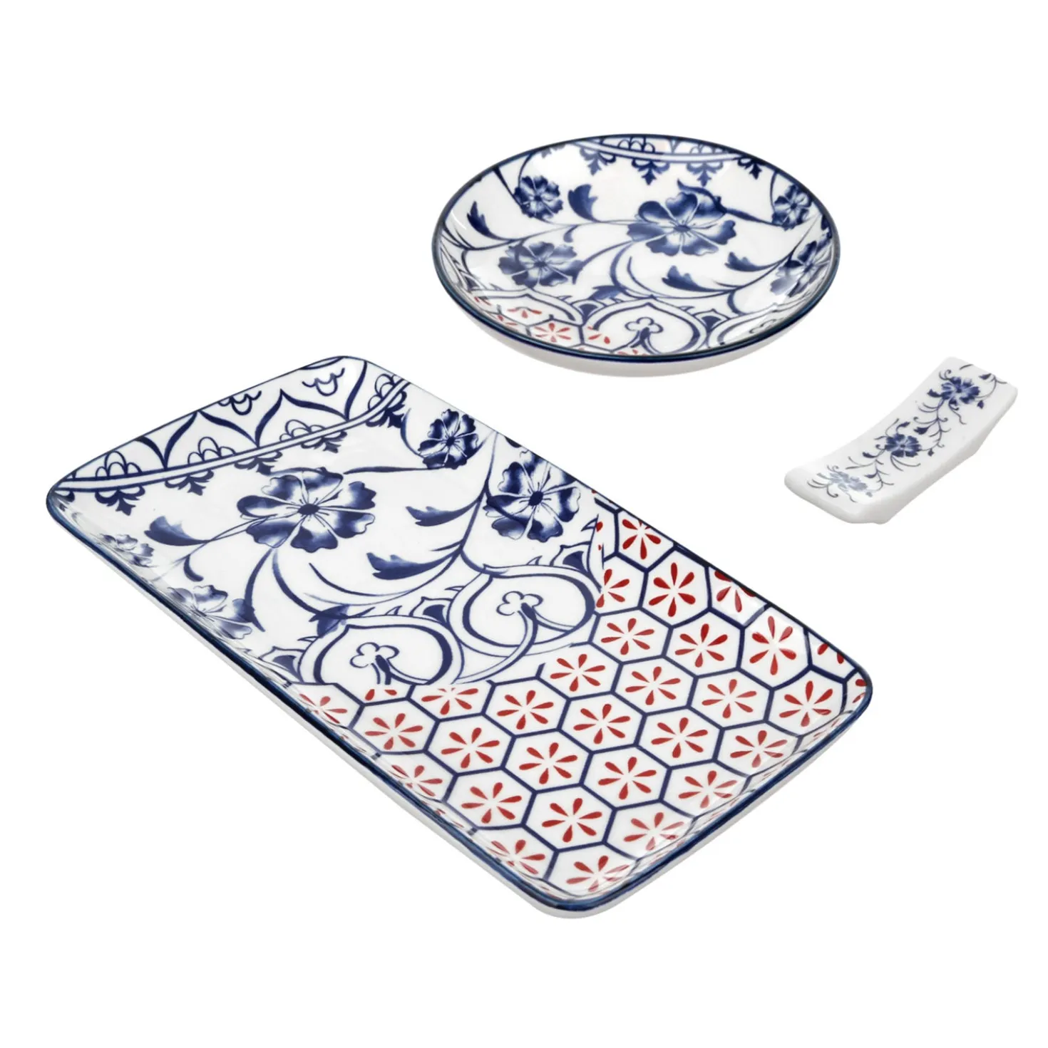 Set sushi 3 pezzi piattino rettangolare blu rosso Sushiko