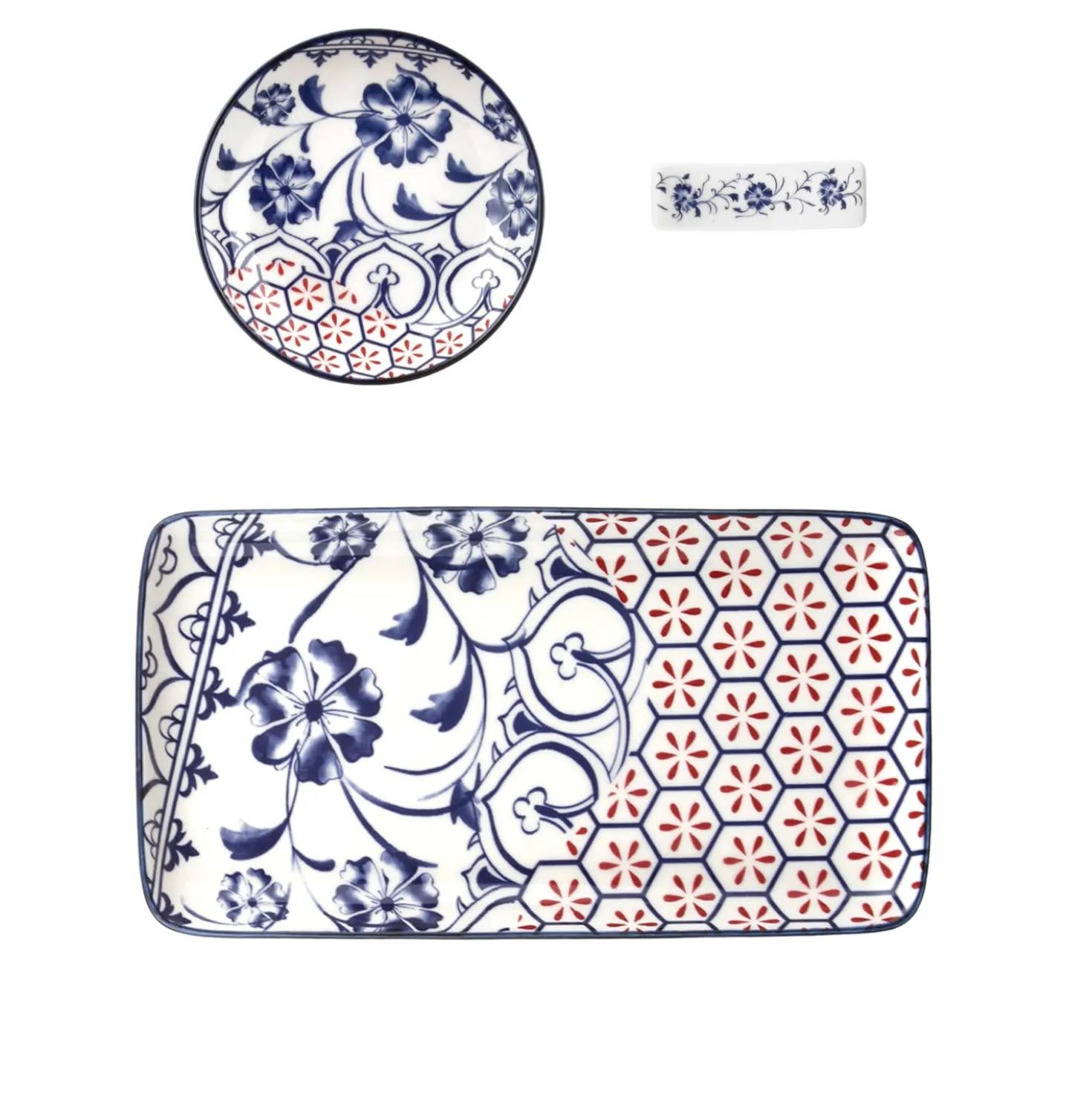 Set sushi 3 pezzi piattino rettangolare blu rosso Sushiko