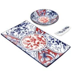 Set sushi 3 pezzi piattino rettangolare 28 cm rosso blu Sushiko