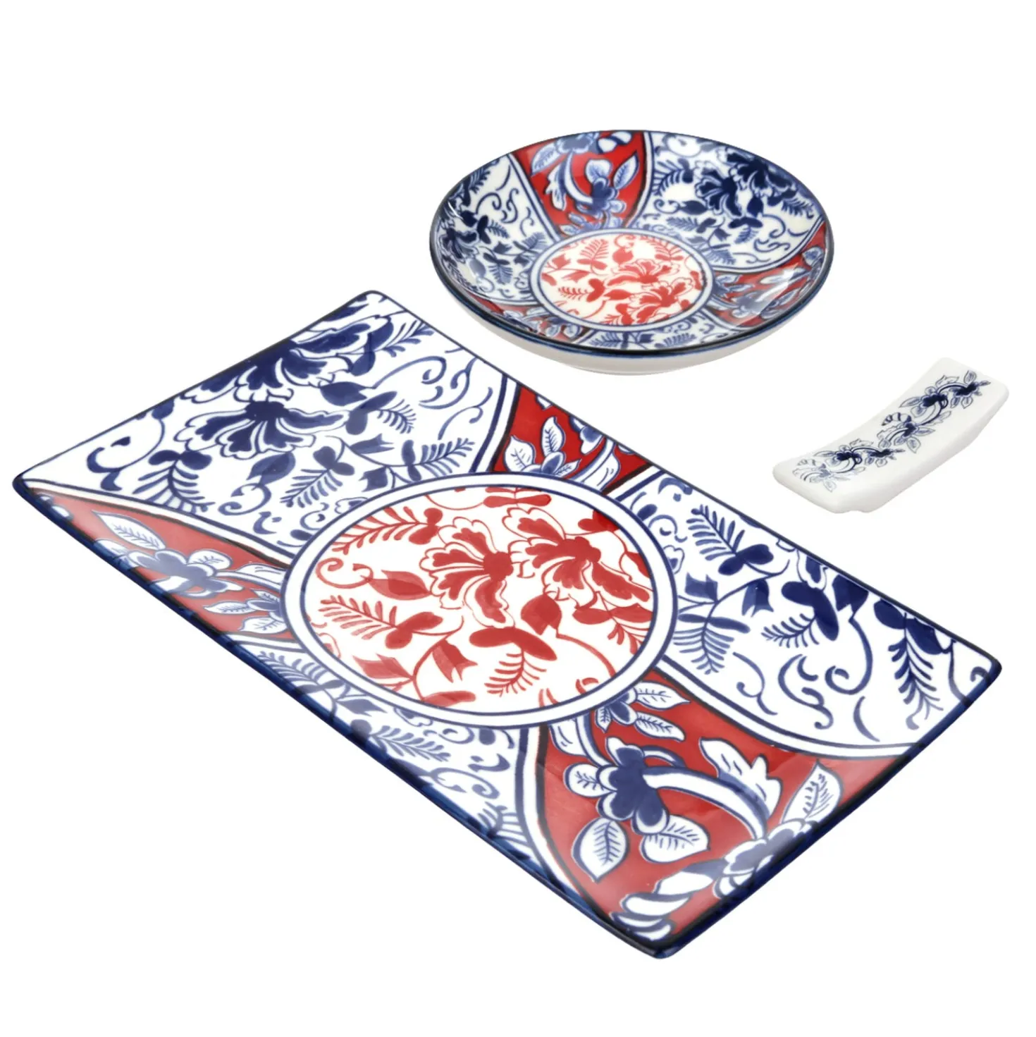Set sushi 3 pezzi piattino rettangolare 28 cm rosso blu Sushiko