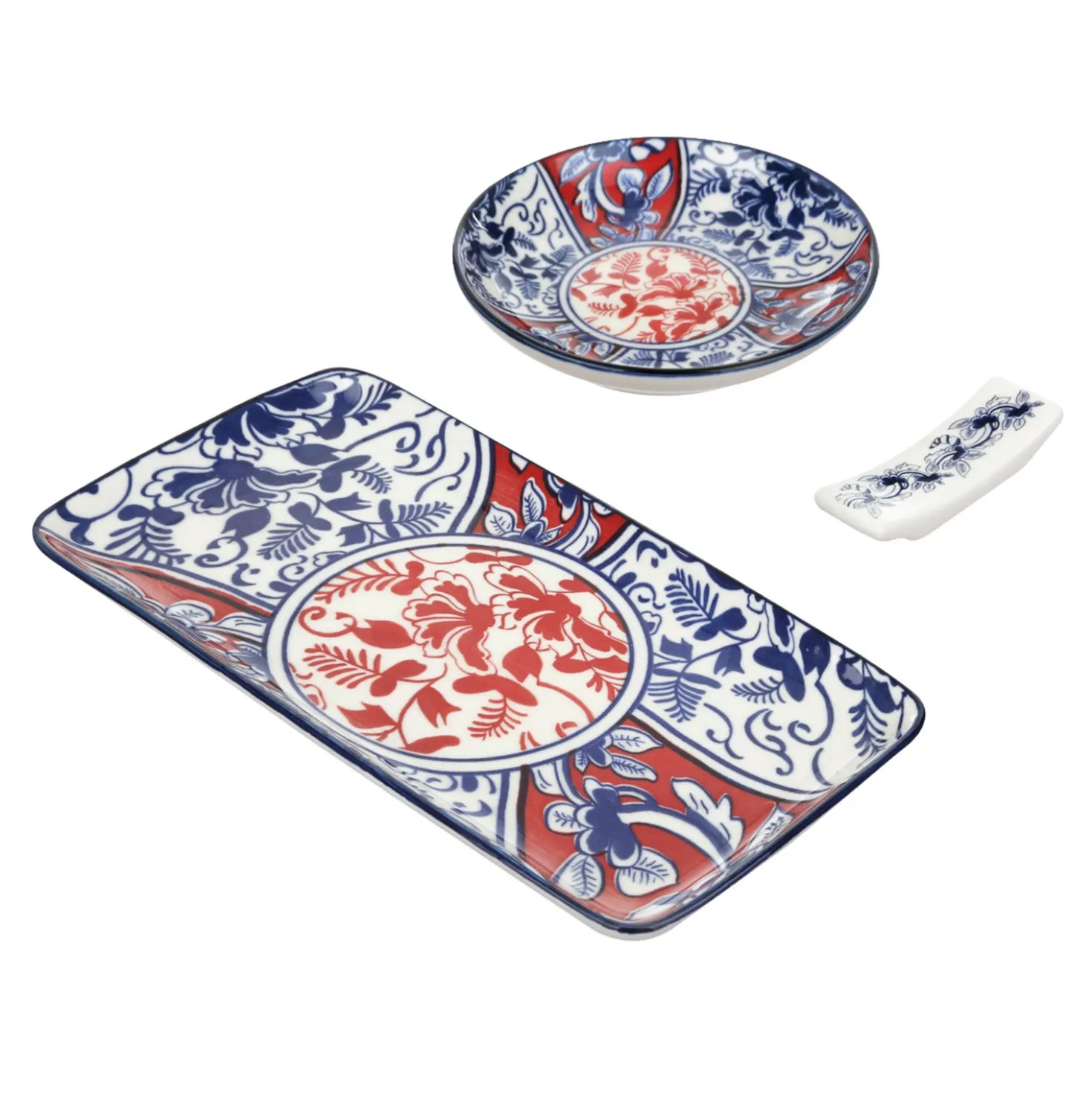 Set sushi 3 pezzi piattino rettangolare rosso blu Sushiko