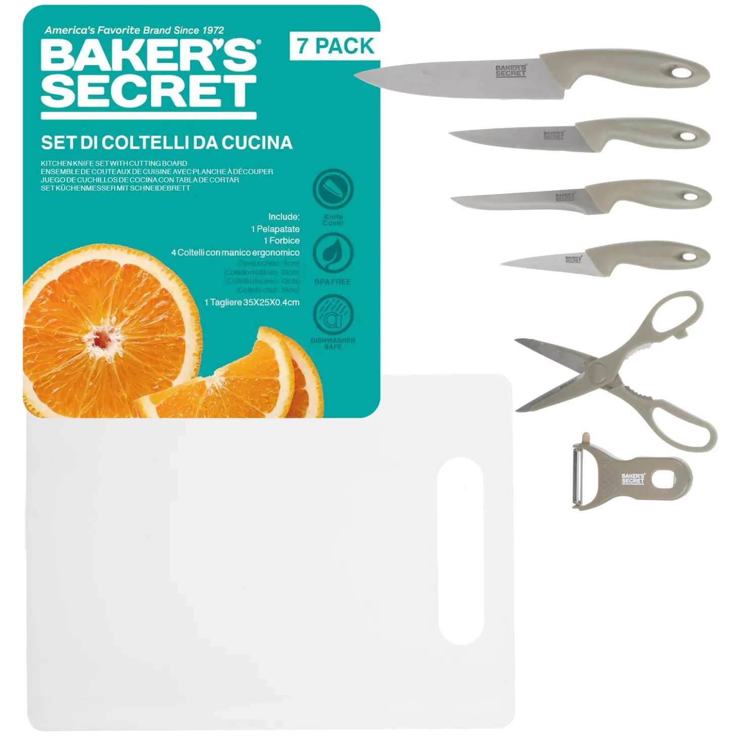 Set tagliere, 4 coltelli, forbici e pelapatate Baker's Secret