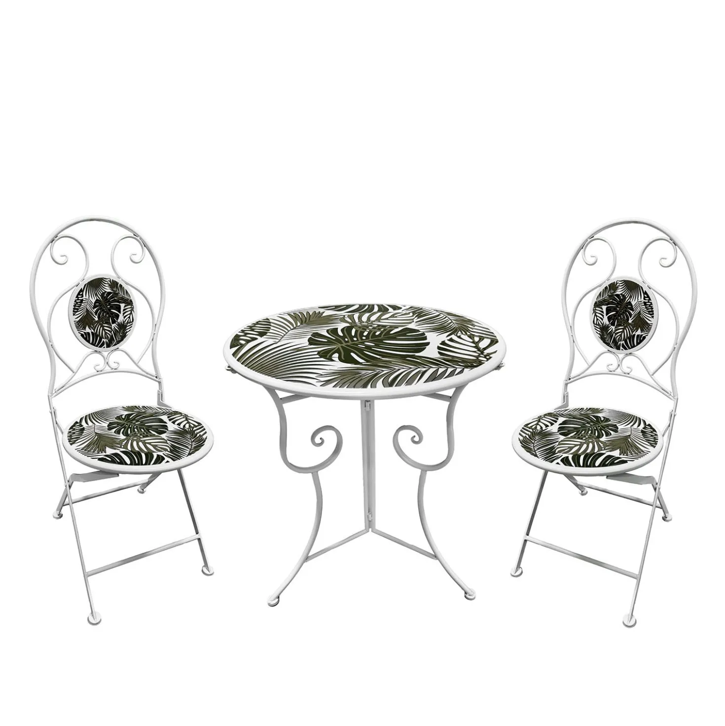 Set tavolo giardino e 2 sedie decoro foglia ferro