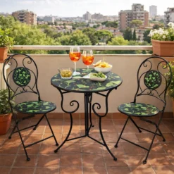 Set tavolo giardino e 2 sedie nero foglie ferro