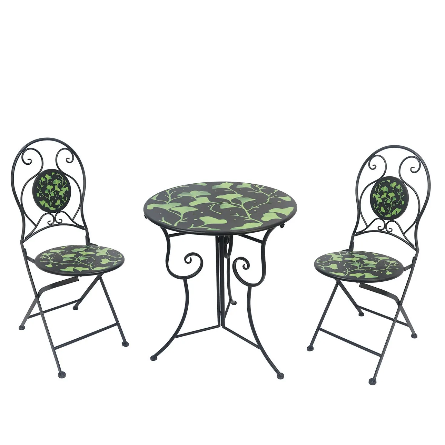 Set tavolo giardino e 2 sedie nero foglie ferro