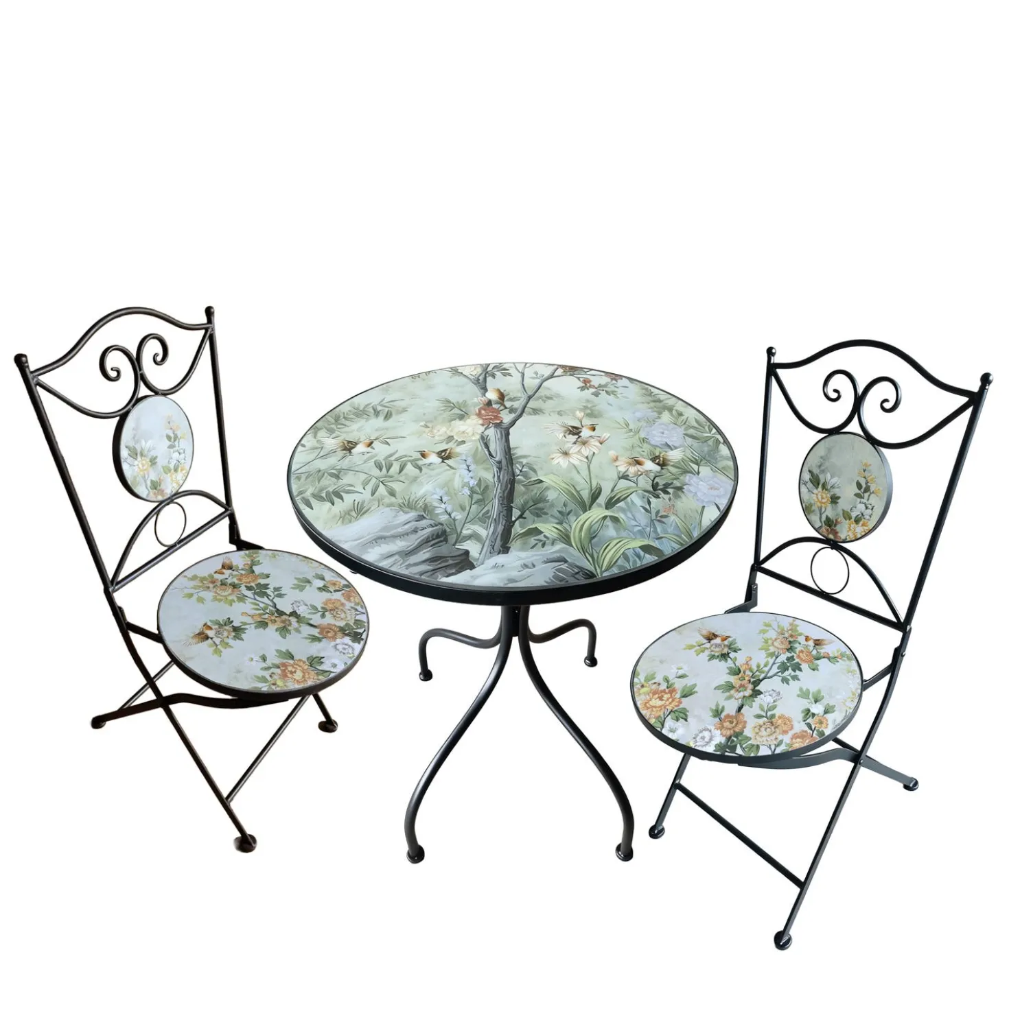 Set tavolo rotondo e 2 sedie ceramica Birds
