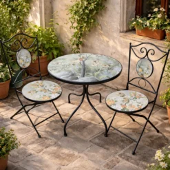Set tavolo rotondo e 2 sedie ceramica Birds