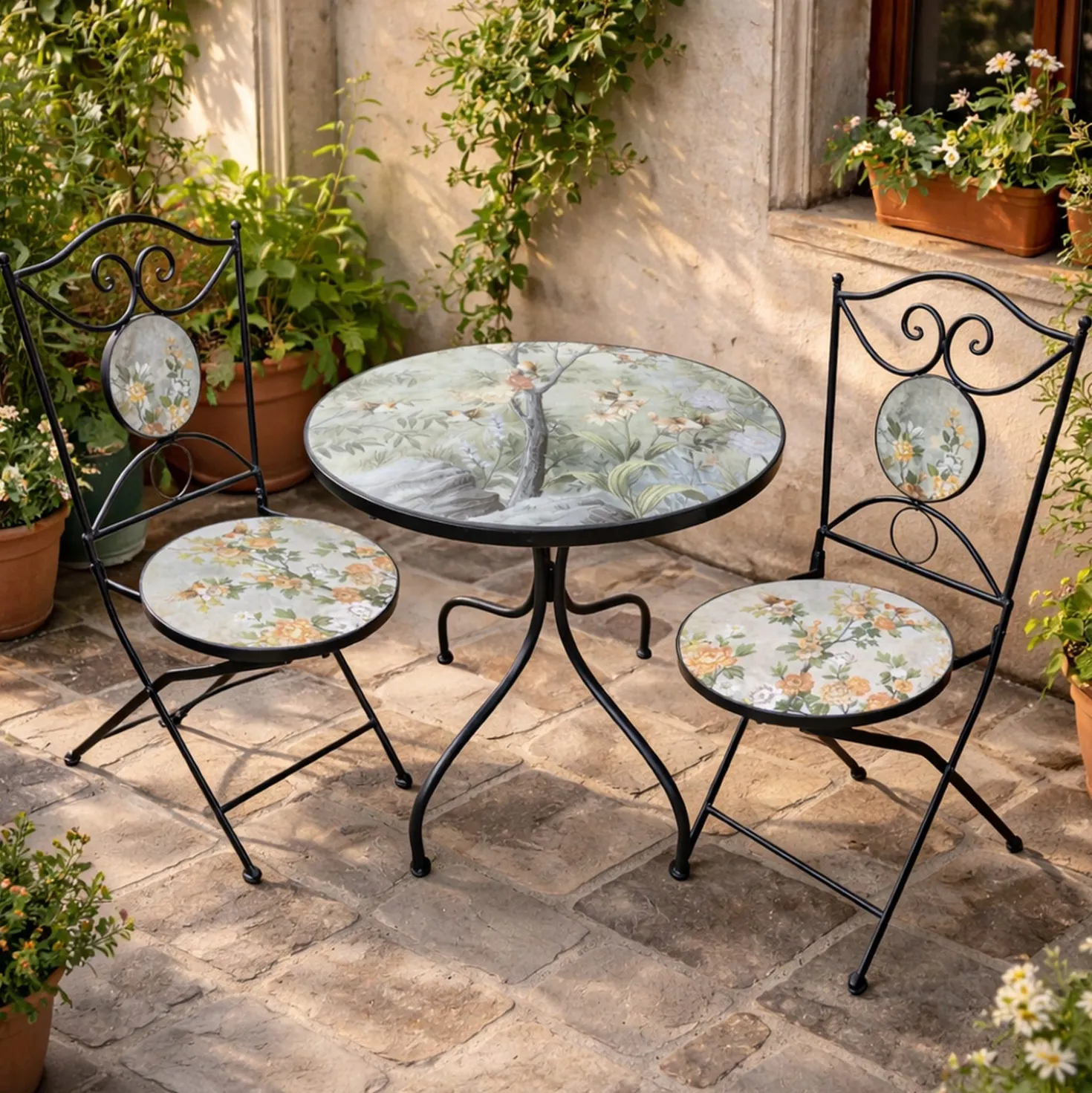Set tavolo rotondo e 2 sedie ceramica Birds